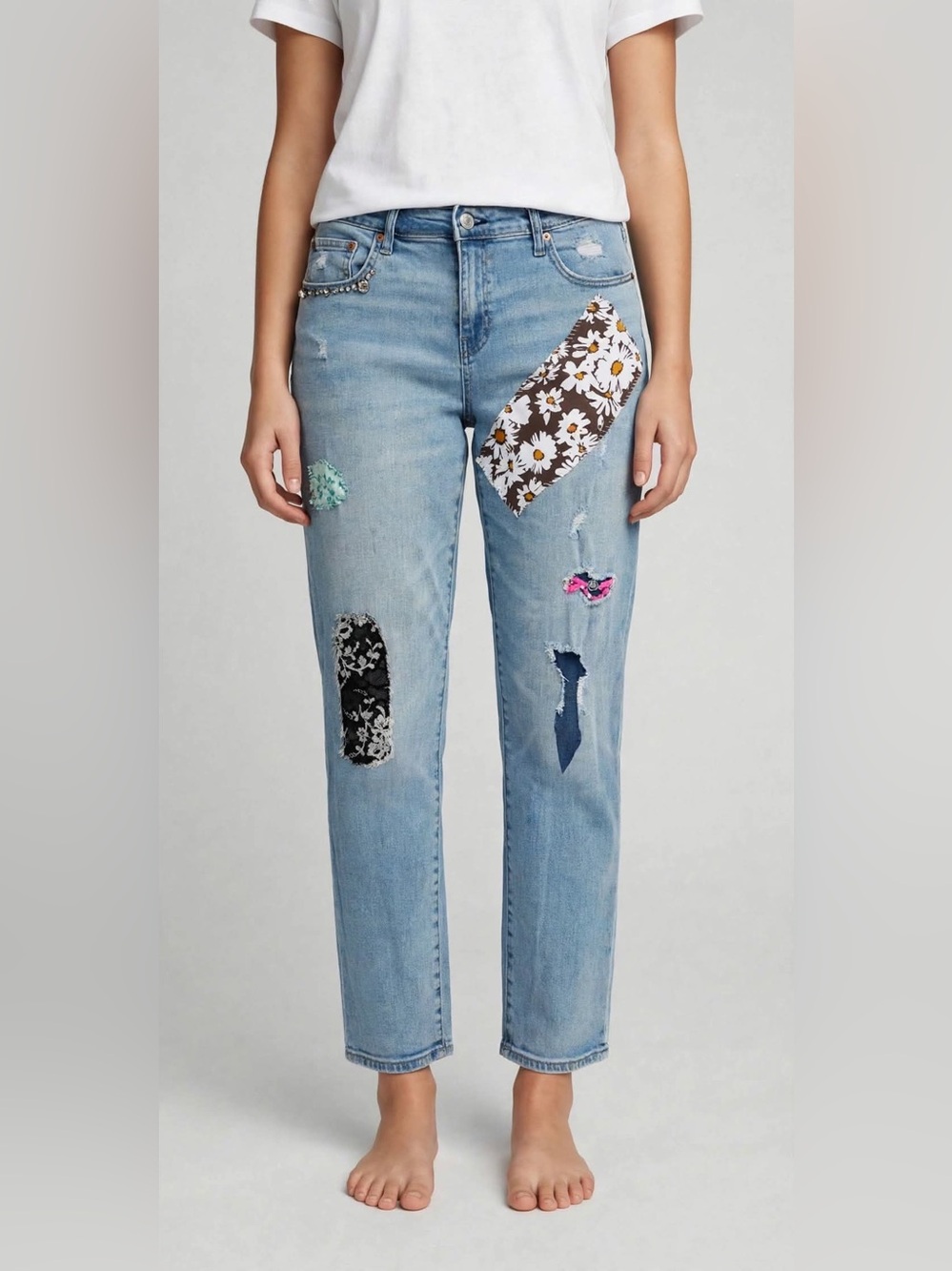 GAP Light Blue Straight Leg girlfriend Jeans with Floral and Mixed Patchwork